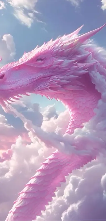 Pink dragon gracefully floating in clouds.