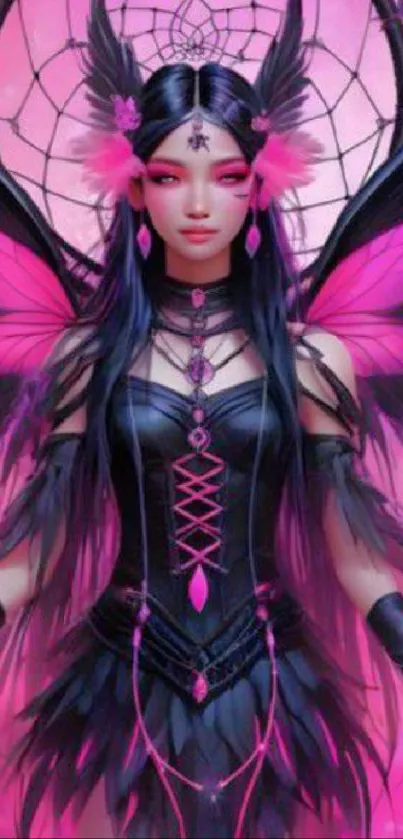 Mystical fairy with wings in vibrant pink hues, featuring a dream catcher.