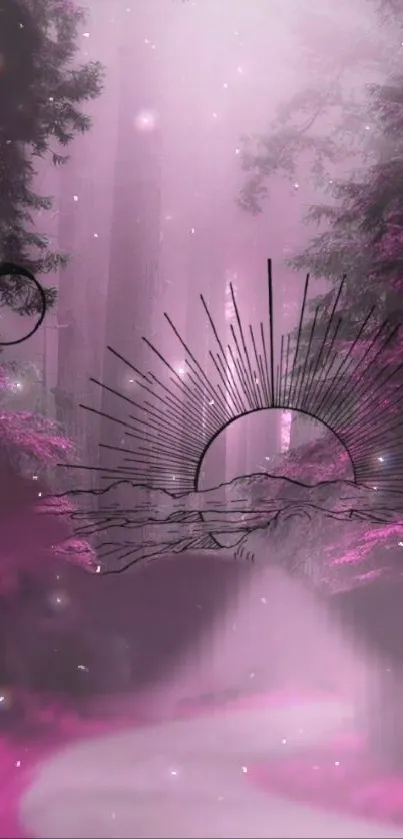 Mystical pink forest with celestial designs and ethereal ambiance.