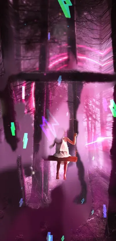 Fantasy wallpaper showing a pink mystical forest with neon elements.