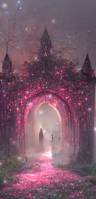 Mystical pink gateway in a foggy forest landscape.