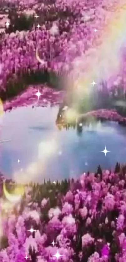 Mystical pink forest and lake with rainbow glow.