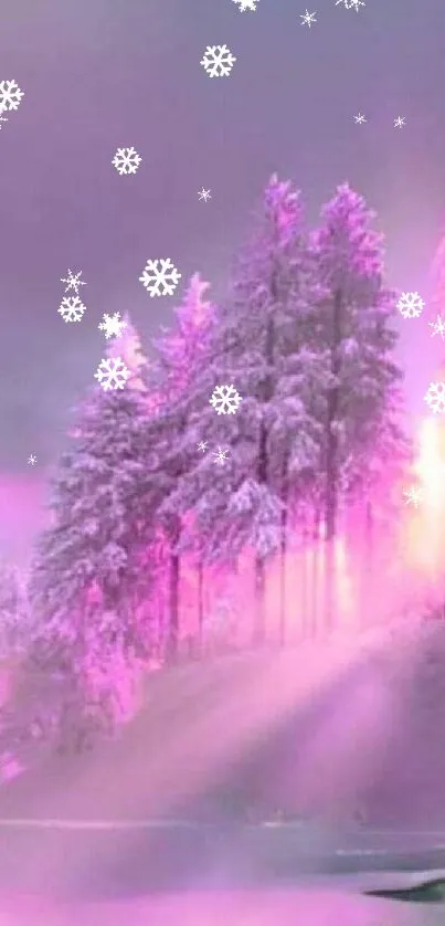 Mystical pink forest with sunlit snowy trees and serene lake.