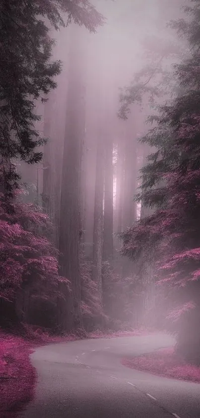 A dreamy pink-hued forest path with misty trees and a winding road.