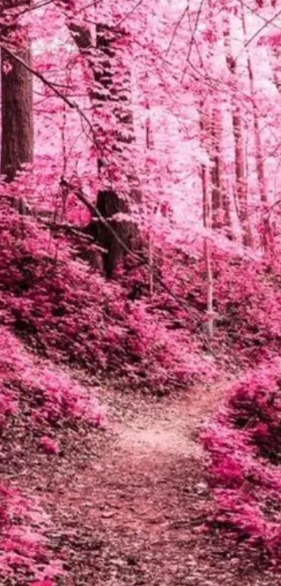 Mystical pink forest path with lush foliage.