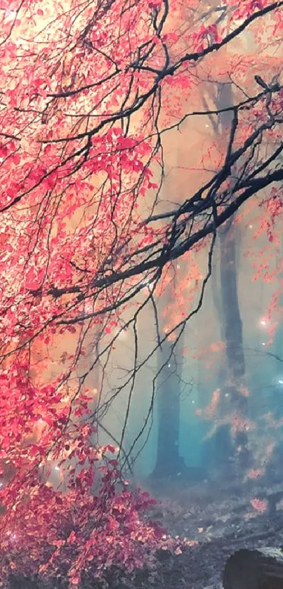 Vibrant pink leaves in a mystical misty forest scene.