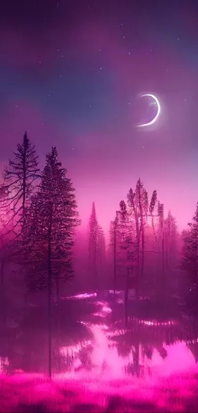 Mystical pink forest with crescent moon and magenta hues.