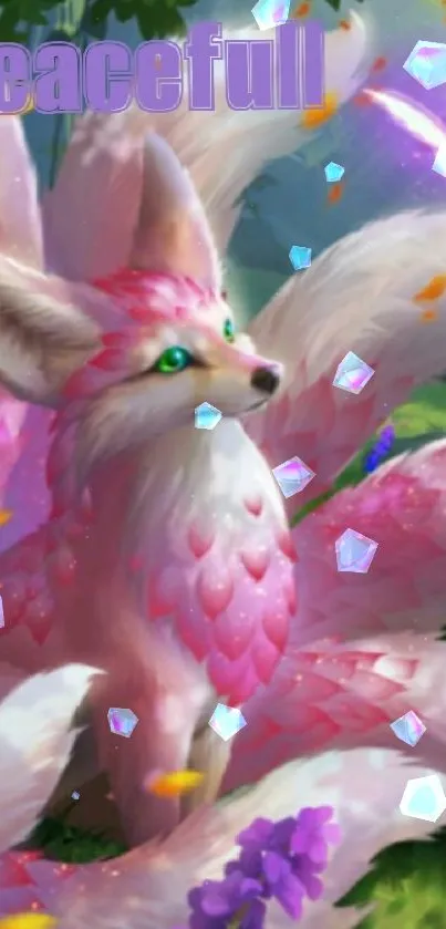 Mystical pink fox with vibrant tails amidst nature.