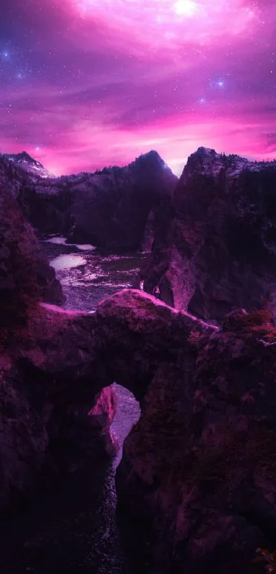 A surreal pink landscape with mountains under a cosmic sky.