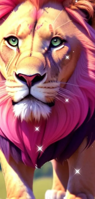 Mystical pink lion with sparkling mane in a fantasy setting.