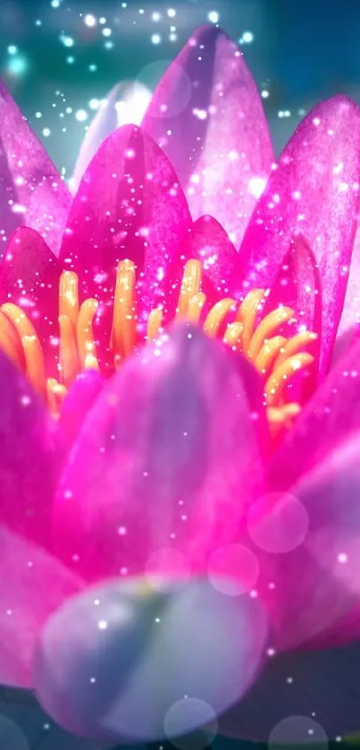 Pink lotus flower with sparkling lights and aquatic backdrop.