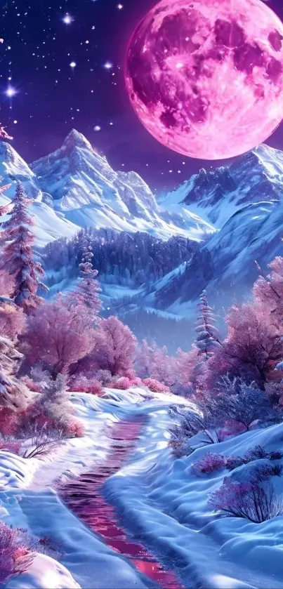 A mystical pink moon over snowy mountains and a serene winter path.