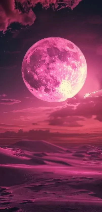 Mystical pink moon over a surreal landscape scene.