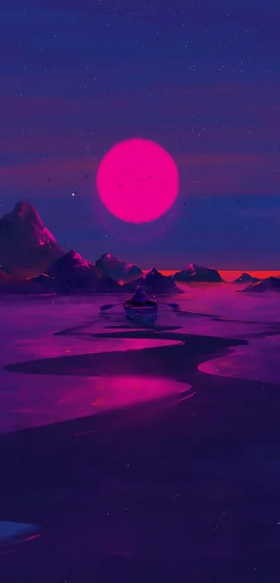 Boat sailing under a vivid pink moon over dark purple waters.