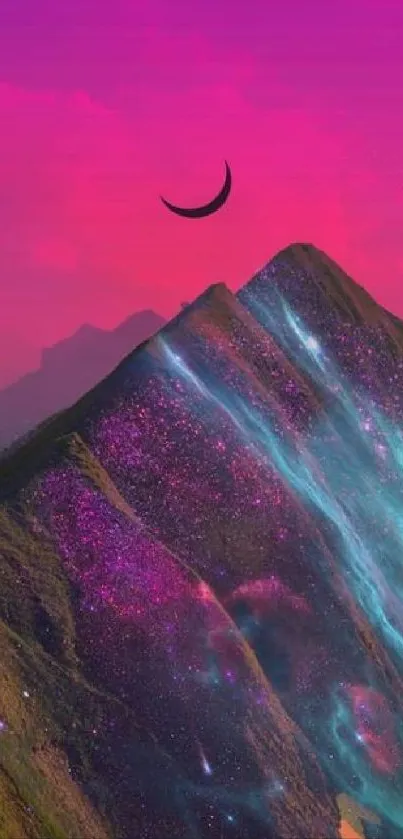 Vibrant pink mountain wallpaper with crescent moon.