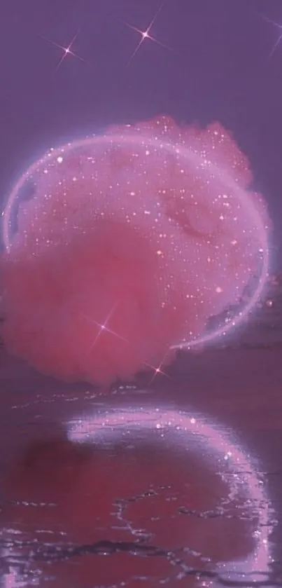 Dreamy pink cloud reflecting on a shimmering surface with a mauve background.