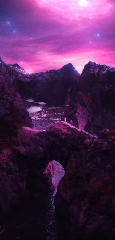 Pink sky over rocky landscape with celestial elements.