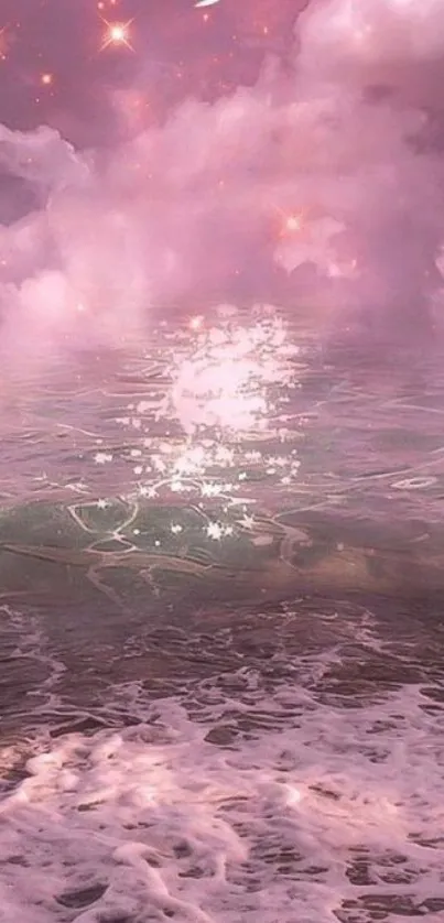 Pink ocean wallpaper with stars and moon reflecting on water.