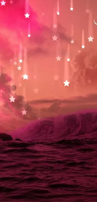 Mystical pink ocean waves under a dreamy night sky.