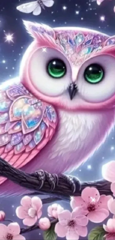 A mystical pink owl perched on a cherry blossom branch under the moonlit sky.