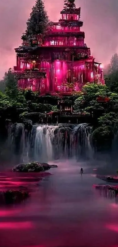 A mystical scene featuring a glowing pink pagoda amidst waterfalls and lush trees.