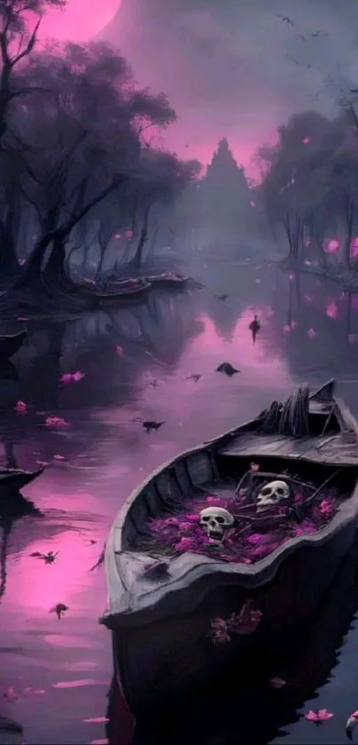 Mystical pink river with a boat and skulls in ethereal moonlit woods.