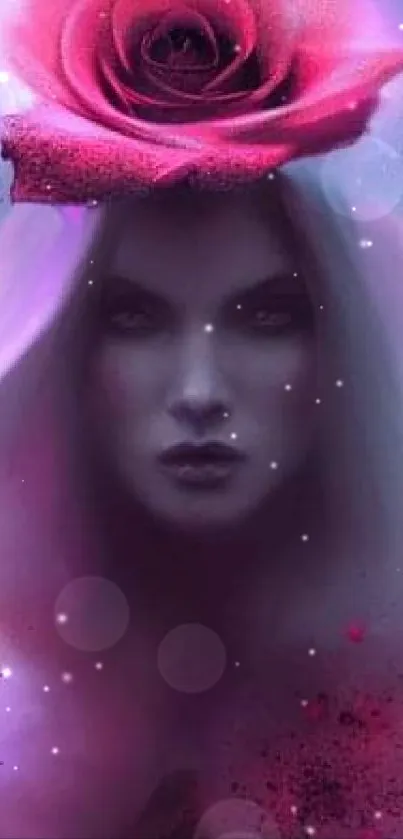 Surreal artwork of a woman with a pink rose crown in dreamy ambiance.