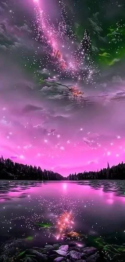 Mystical pink sky with stars reflecting over a serene lake in a breathtaking wallpaper.