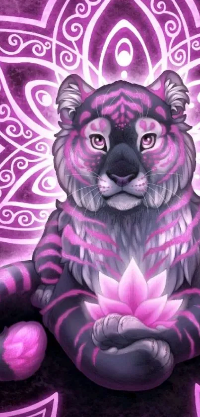 Mystical pink tiger art with psychedelic patterns.