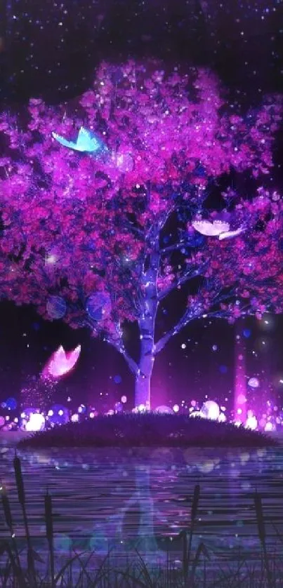 Mystical pink tree with butterflies and vibrant colors.