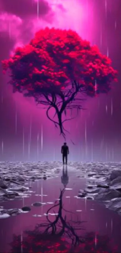 Floating pink tree against a purple sky reflection.