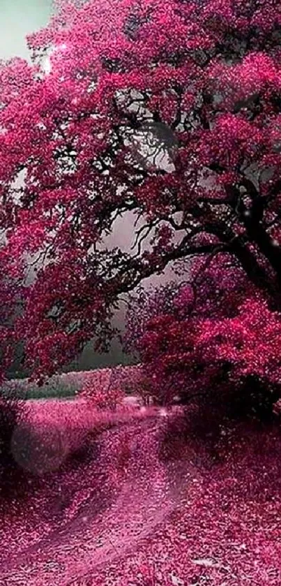 Mobile wallpaper of a mystical pink tree under a luminous moon.