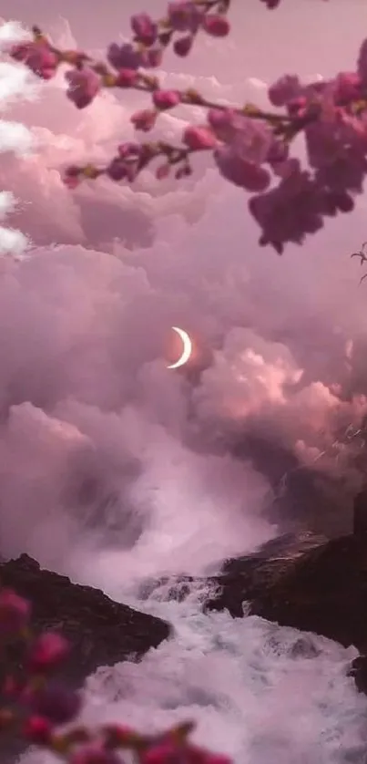 Pink sky with crescent moon over waterfall and cherry blossoms.