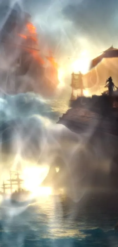 Mystical pirate-themed wallpaper with ships and ocean fog.