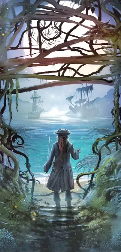 Mystical pirate cove with ships and enchanted forest vines.