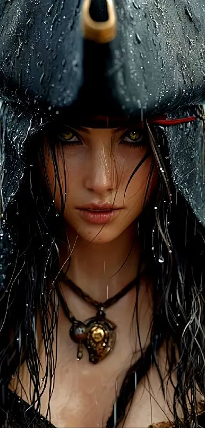 A mystical pirate in the rain, featuring dark and captivating tones.