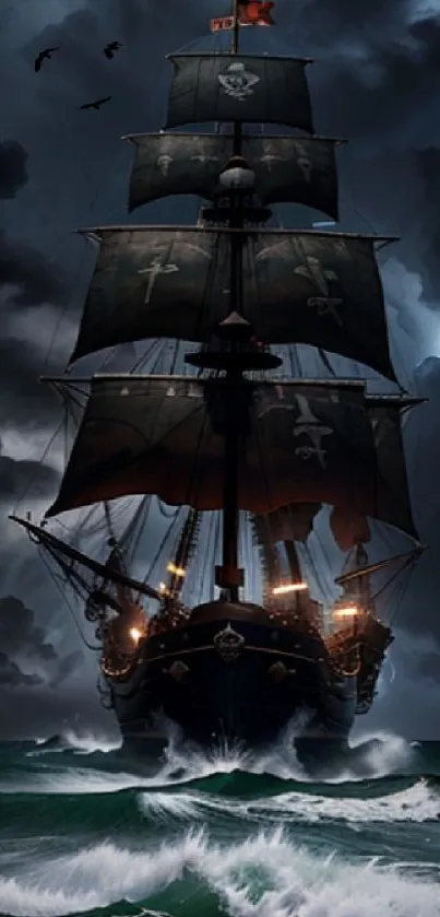 A pirate ship navigates stormy seas under dark, dramatic skies with lightning.