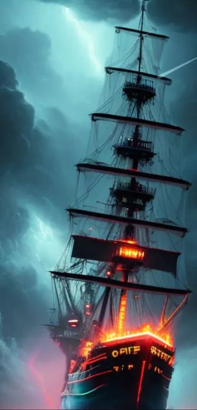 Pirate ship in stormy skies with a glowing aura, perfect for mobile wallpaper.