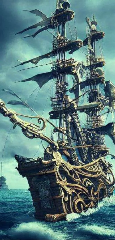 Intricately designed pirate ship sailing through turbulent teal waters.