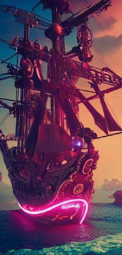 Mystical pirate ship sailing vibrant skies and seas.