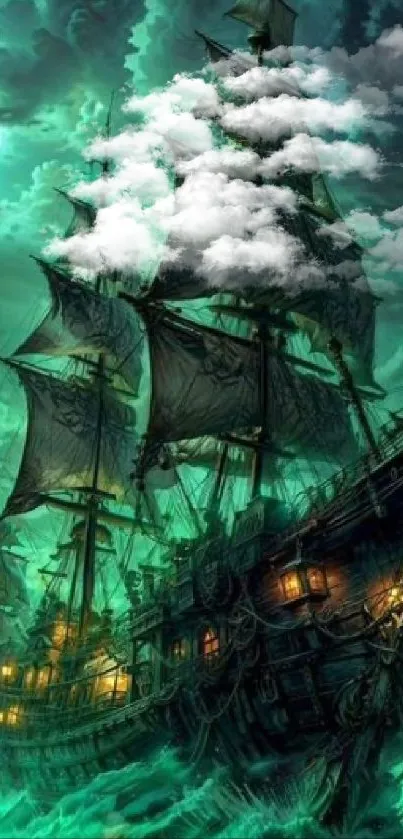 Eerie pirate ship sailing beneath mystical clouds.