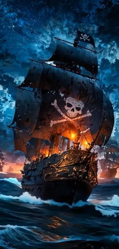 Mystical pirate ship sailing under a starry night sky.