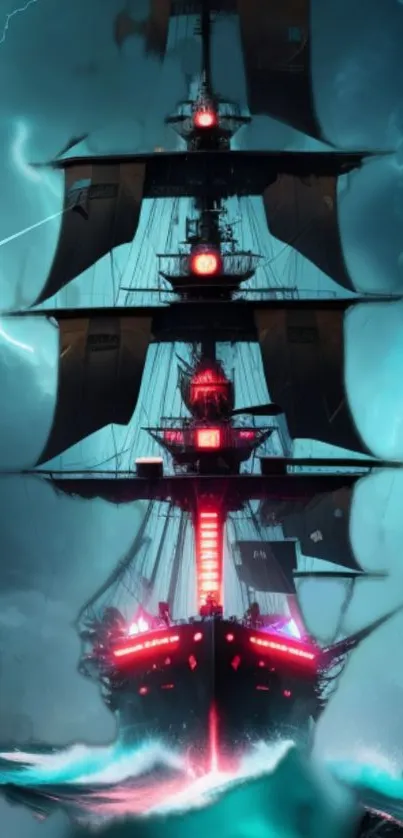 Mystical pirate ship with neon lights and stormy seas wallpaper.