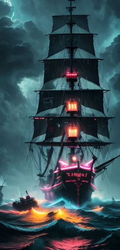 A mystical pirate ship sailing under a stormy sky with glowing lights.