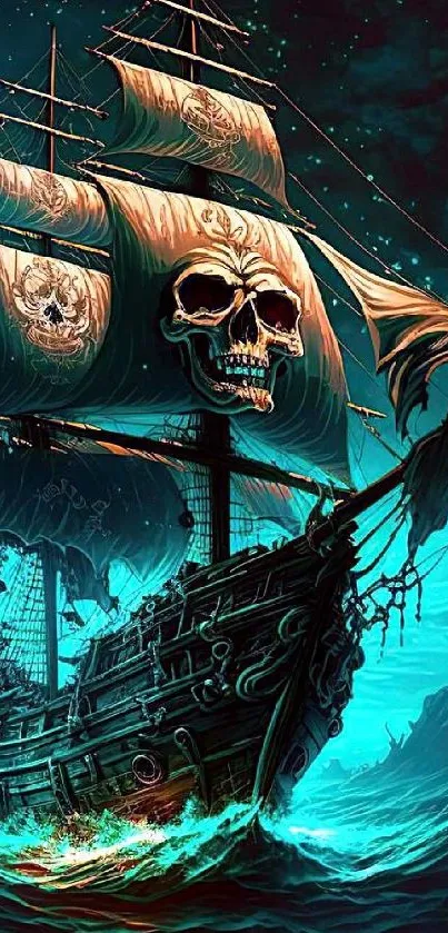 Mystical pirate ship with skull sails at night.