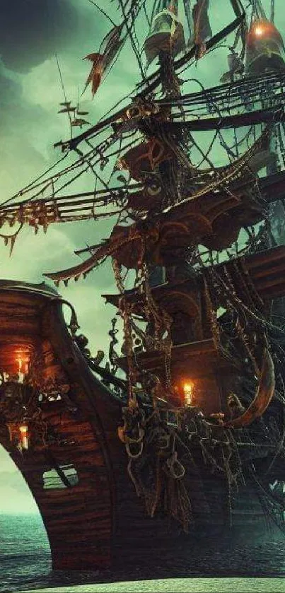 Mystical pirate ship on a teal ocean under cloudy skies.