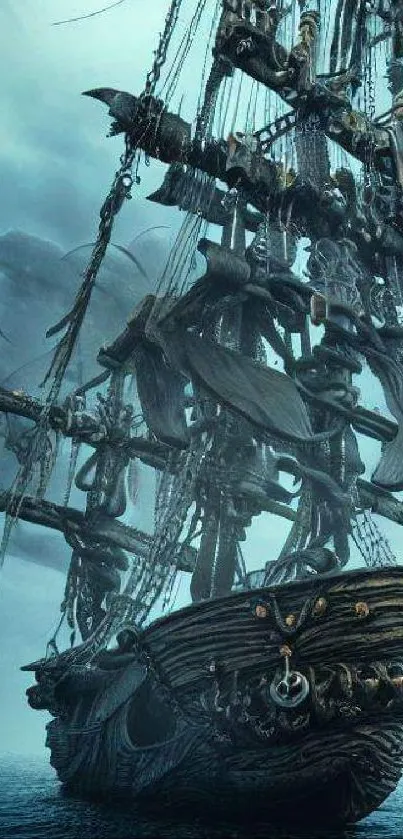 Mystical pirate ship sailing on a foggy ocean under a blue sky.