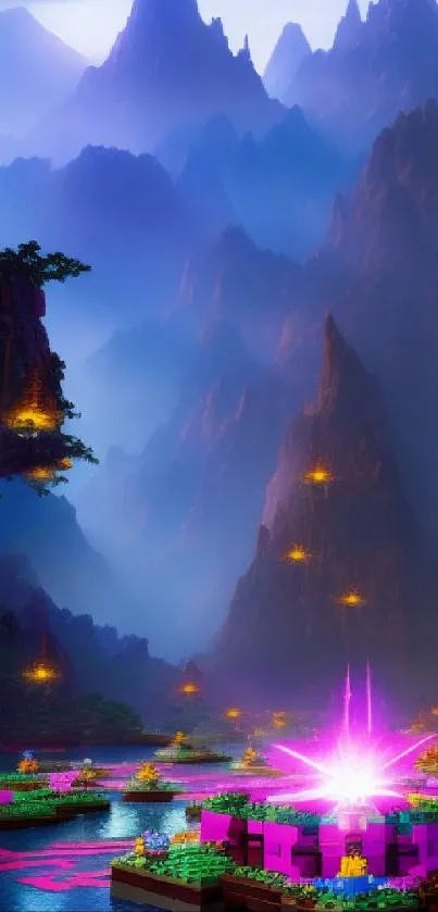 Pixelated mountain landscape with vibrant purple highlights.
