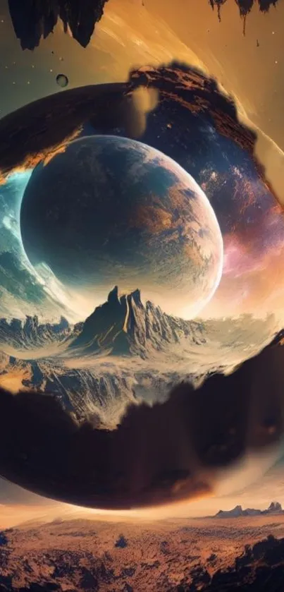 Surreal landscape with planets and vibrant colors in a mystical digital artwork.