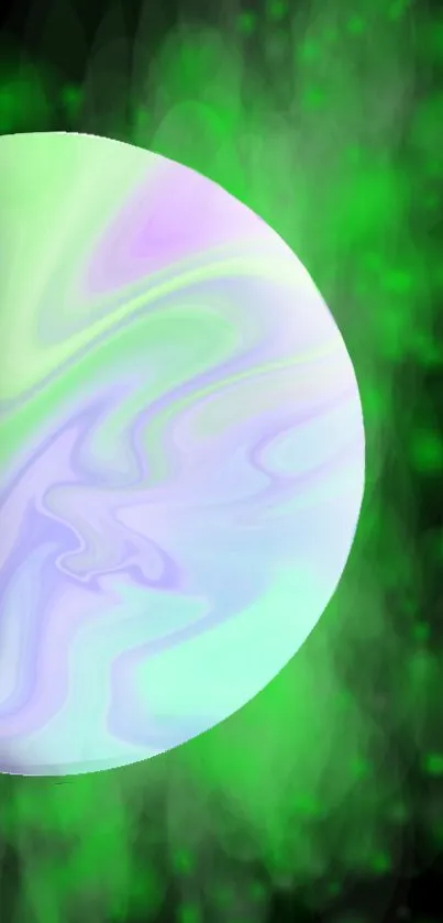 Mystical planet with green glowing mist fills the mobile screen.